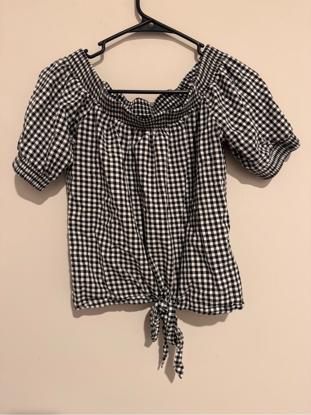 Gingham Tie-Front Off-Shoulder Women’s Blouse - Black & White